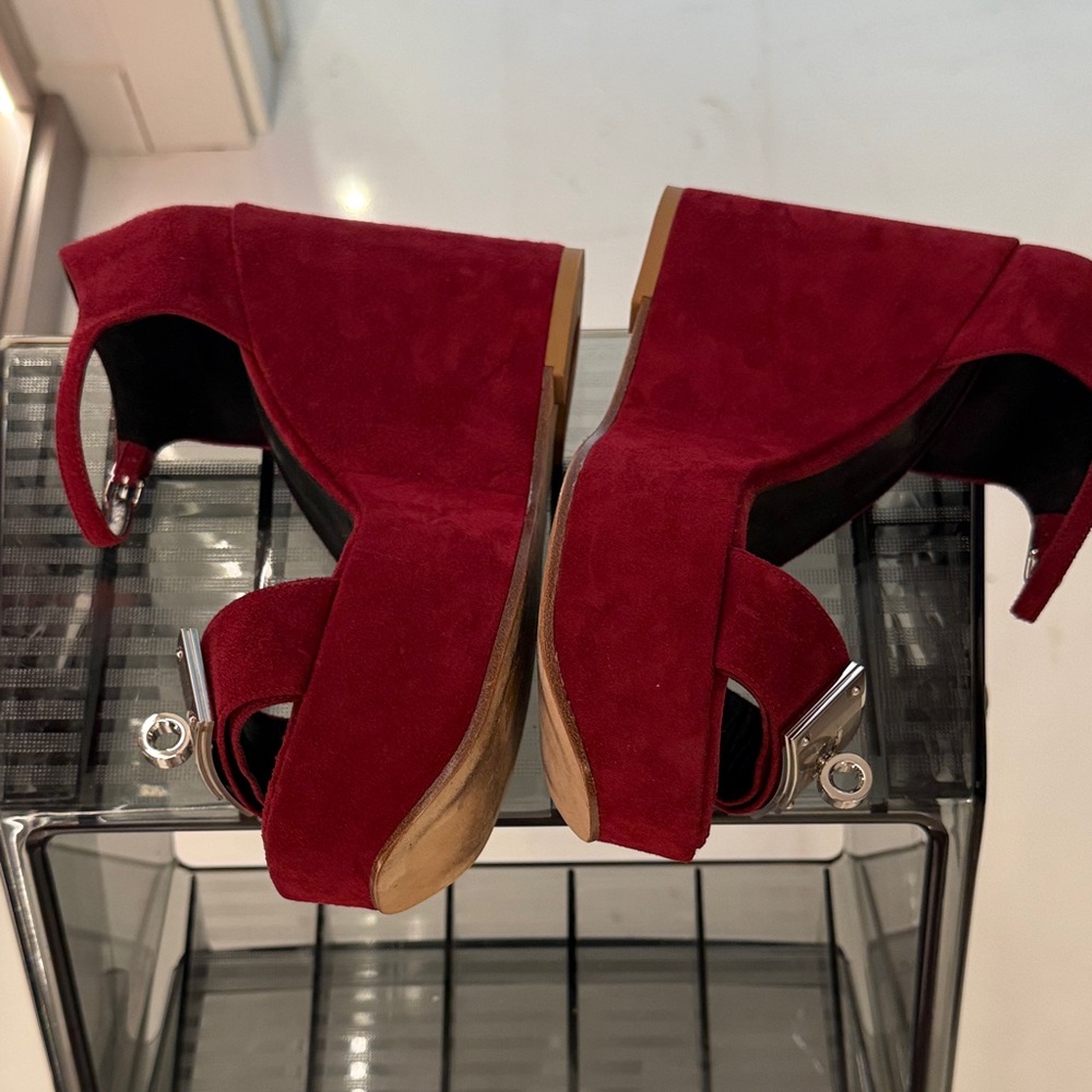 Hermes Red Heeled Sandals with Silver Accents - Picture 2 of 5
